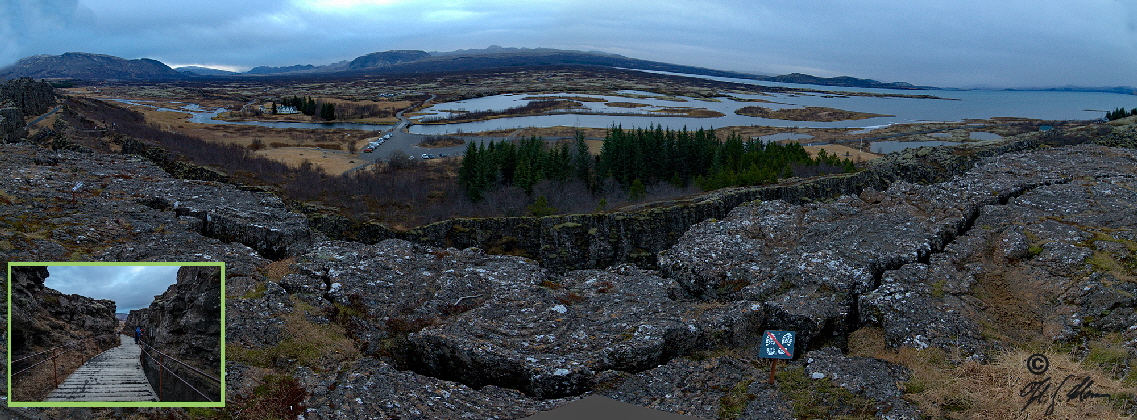 Nationalpark Thingvellir. Die Risse lassen erkennen, wie sehr sich die euraschische und die amerikanische Kontinentalplatte bisher auseinander bewegt haben.