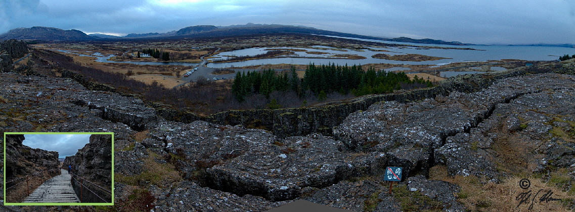 Nationalpark Thingvellir. Die Risse lassen erkennen, wie sehr sich die euraschische und die amerikanische Kontinentalplatte bisher auseinander bewegt haben.